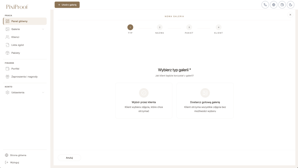 Widok wyboru kadrów przez klienta w galerii PixiProof